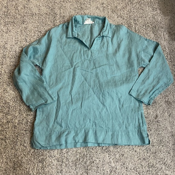 C & C California Blue Linen Dolman Sleeve V Neck Oversized Tunic Coastal Boho - Picture 1 of 6